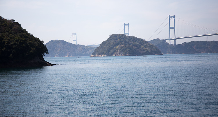 愛媛県大島の南側、吉海町正味から眺めた中渡島。義益はこの島に築かれた中途城を拠点に抵抗を続けた。