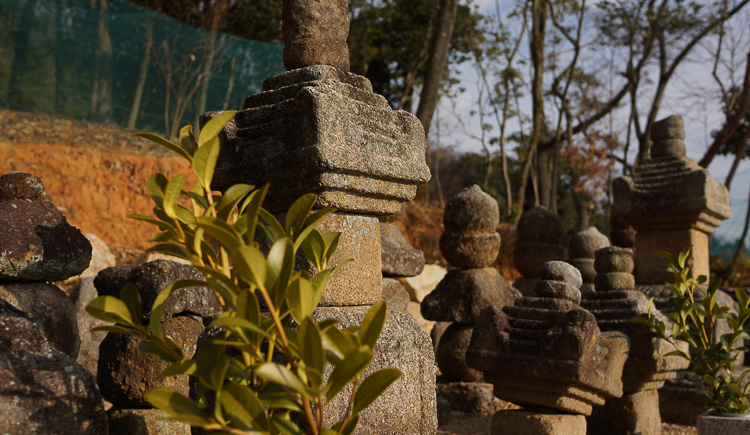 安芸津町木谷の慶寿院にある宝篋印塔と五輪塔群。木谷氏のものと伝わる。